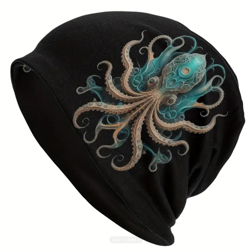 Giant Squid Beanie Kraken Sea Monster Skull Cap Ski Hat Black Poly Reversible